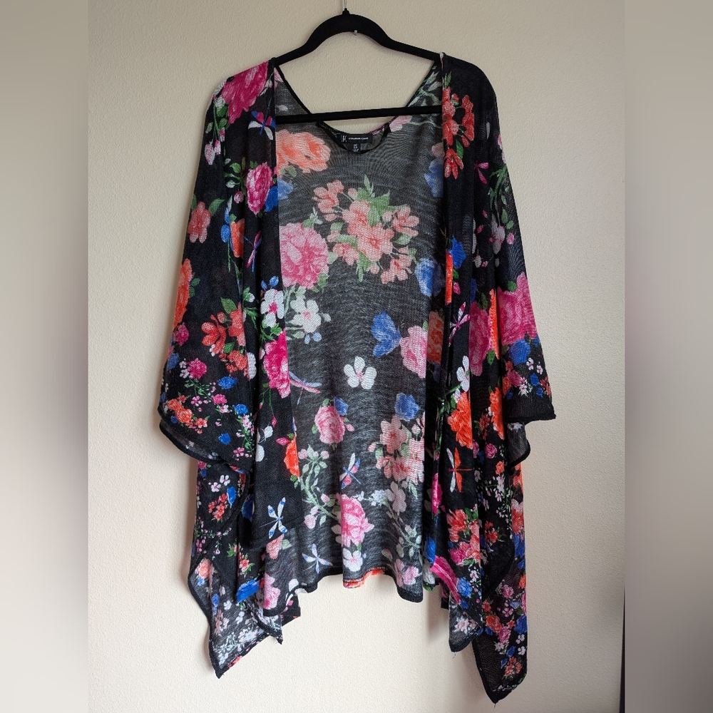 INC International Concepts Black and Pink Floral Kimono One Size